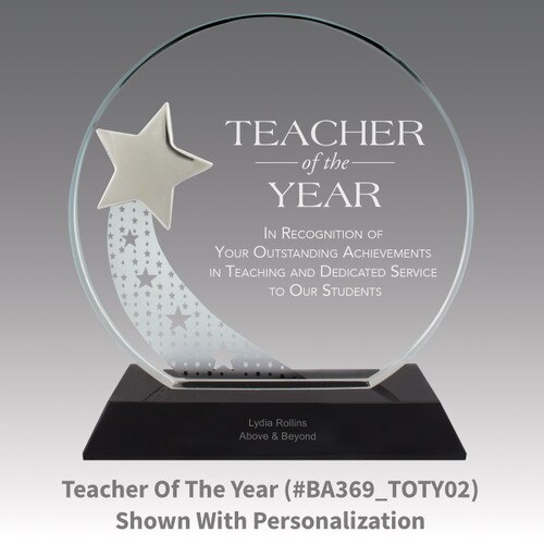 optic crystal base award with a silver star and teacher of the year message