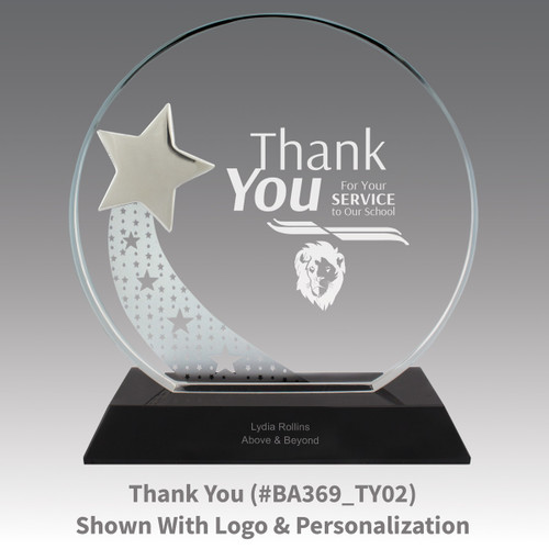 optic crystal base award with a silver star and thank you message