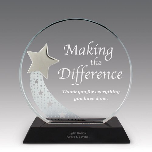 optic crystal base award with a silver star and making a difference message