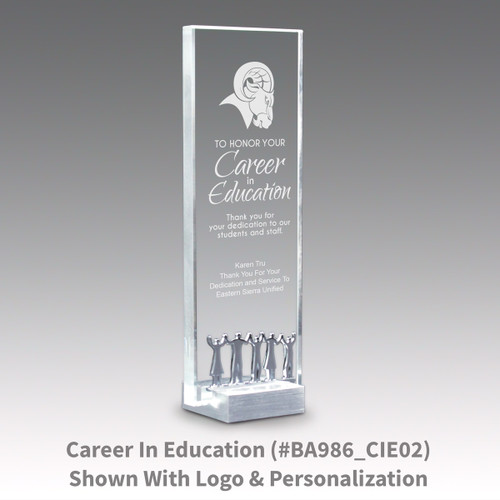 crystal tower award with career in education message