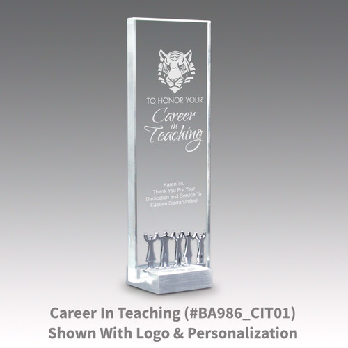 crystal tower award with career in teaching message