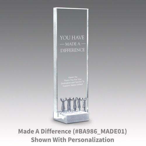 crystal tower award with made a difference message