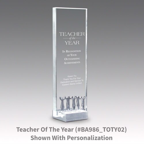 crystal tower award with teacher of the year message