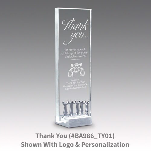 crystal tower award with thank you message