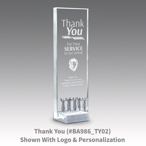 crystal tower award with thank you message