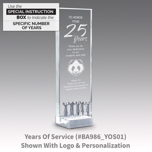 crystal tower award with years of service message
