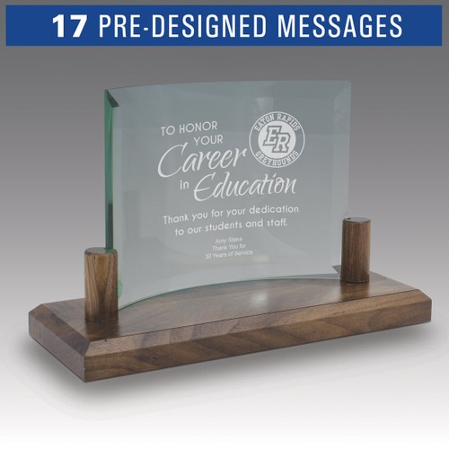 curved glass base award with career in education message