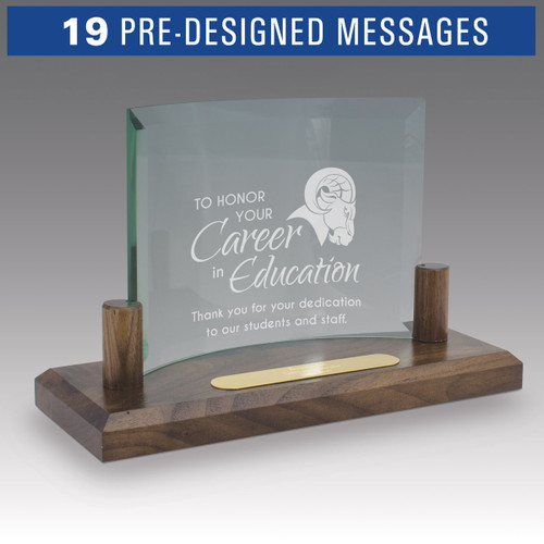 curved glass base award with career in education message