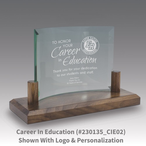 curved glass base award with career in education message