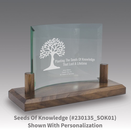 curved glass base award with seeds of knowledge message