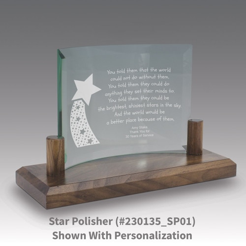 curved glass base award with star polisher message