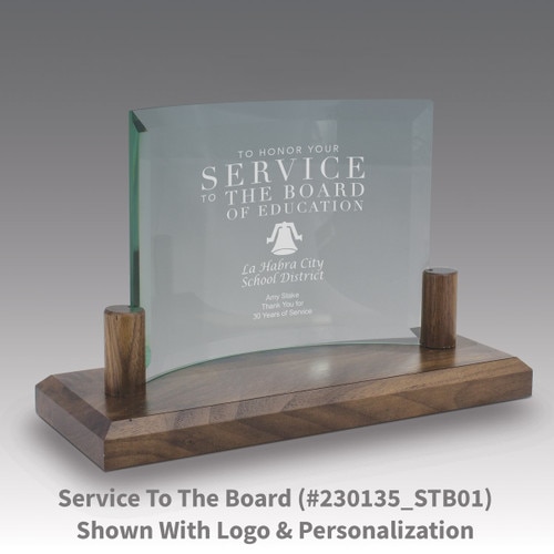 curved glass base award with service to the board message