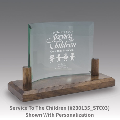 curved glass base award with service to the children message