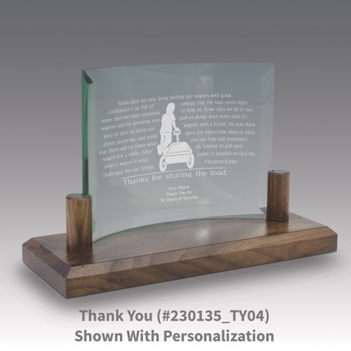 curved glass base award with thanks for sharing the load message