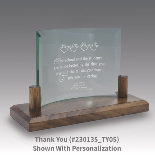 curved glass base award with thank you message