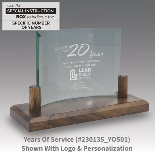 curved glass base award with years of service message