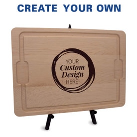 12x17 maple cutting board with juice well and grip handles featuring your custom logo