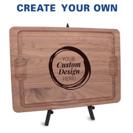 12x17 walnut cutting board with juice well and grip handles featuring your custom logo