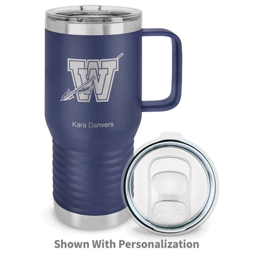 blue stainless steel travel tumbler with custom logo and personalization