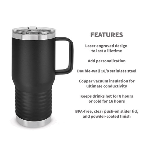 black stainless steel travel tumbler with product detail features