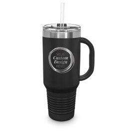 40 oz. stainless steel travel tumbler with handle and straw featuring your custom design or school logo