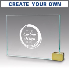 Hand cut premium jade glass with your custom logo. Includes chrome or brass metal rectangle holder.