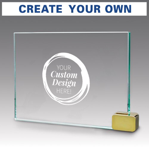 Hand cut premium jade glass with your custom logo. Includes chrome or brass metal rectangle holder.