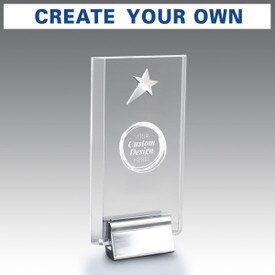 Acrylic tower award with your custom logo. Featuring a silver metal star and chrome metal base.