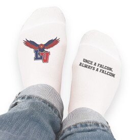Pair of no-show socks with a black heel and your full color logo on top.