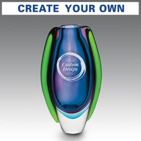 Handblown art glass vase featuring your custom logo. Available in 2 colors.