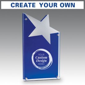 Astral acrylic award features a blue and clear freestanding panel attached by 4 chrome corner gromets and a mirrored acrylic star attached with your custom logo