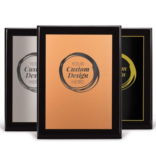 create your own option on three black piano finish plaques with copper, silver and black plates