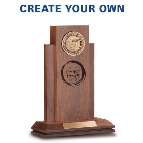 create your own option on walnut column with brass medallion and personalized brass plate