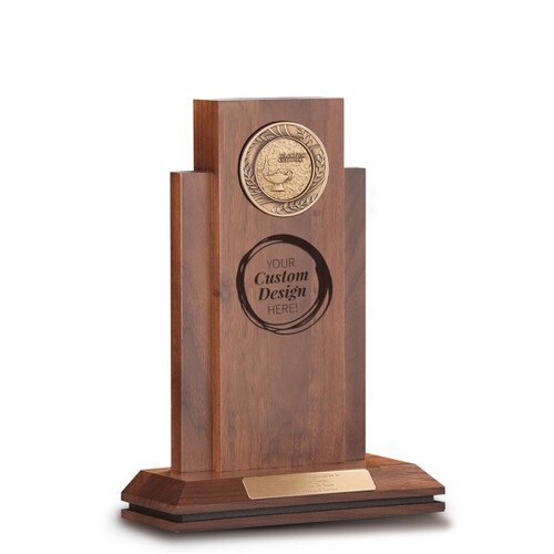 create your own option on walnut column with brass medallion and personalized brass plate