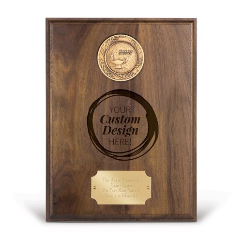 solid walnut plaque with brass medallion and create your own option