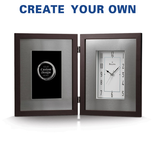 Bulova Large Framed Clock with brushed aluminum inner frame and espresso-brown solid wood outer frame. Includes custom artwork to display on the left side.