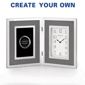 Bulova Large Silver Framed Clock Featuring Gray Linen Fabric Accents And Etched With Your Custom Design