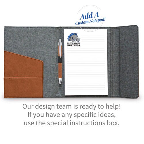 black accented heather gray padfolio with product detail features