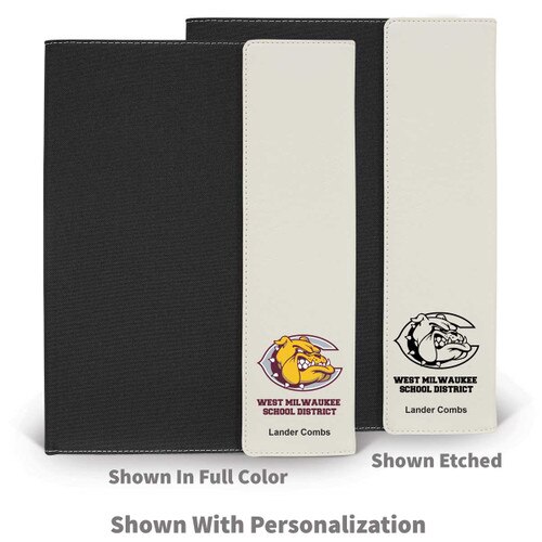 black padfolios with white accents and custom logos