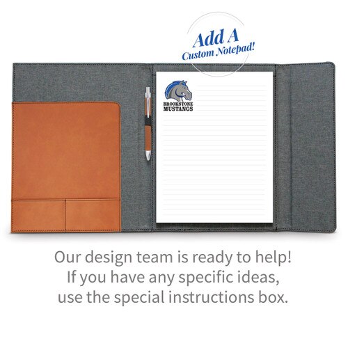 opened heather gray padfolio with custom logo and pen