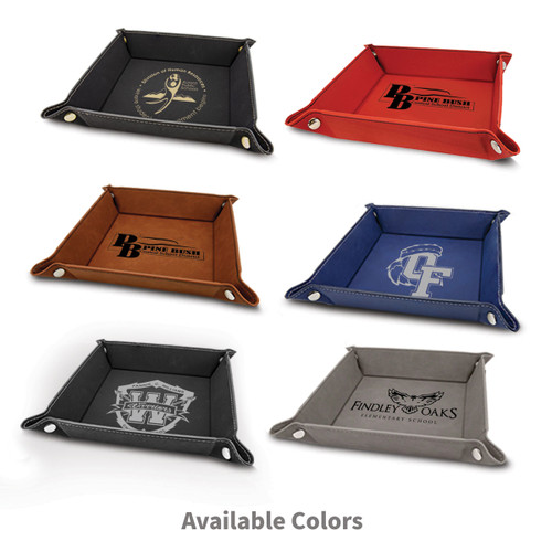 several colors of catchall trays with custom logos
