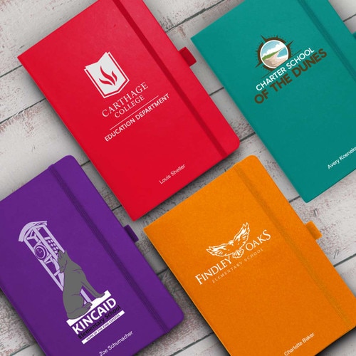 red, purple, teal and orange hardbound journals with custom logo and personalization