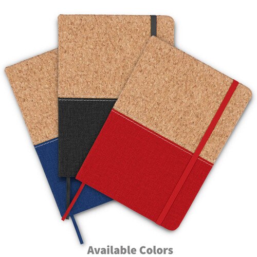 compact cork journals with black, blue, and red accents