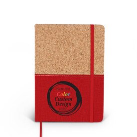 Compact cork journal with color accent, elastic privacy closure, and satin ribbon for bookmarking. Featuring your full color custom logo or design. 3 colors to choose from.