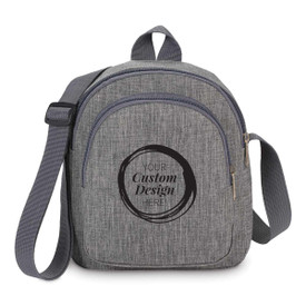 Heather gray crossbody mini backpack with two zippered compartments. Featuring your custom logo.