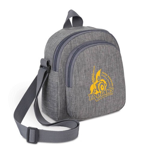 heather gray cross body mini backpack with custom logo