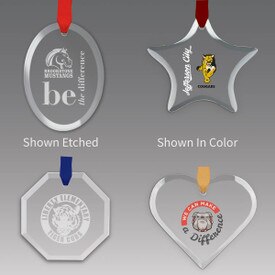 crystal ornaments with custom school logo and satin ribbons