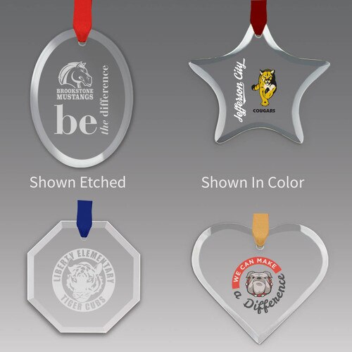 crystal ornaments with custom school logo and satin ribbons