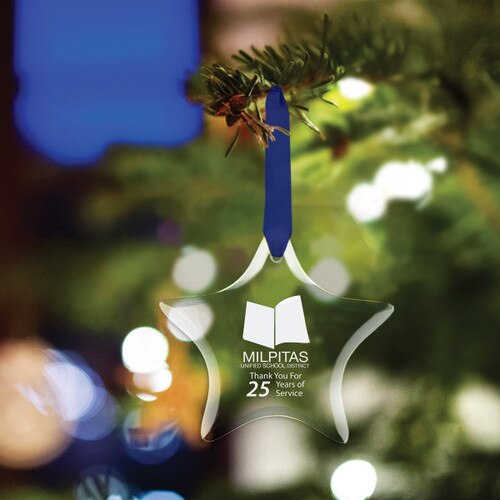 star shaped crystal ornament with custom logo and blue ribbon
