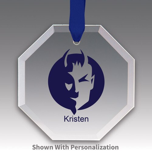 octagon crystal ornament with custom logo and blue ribbon